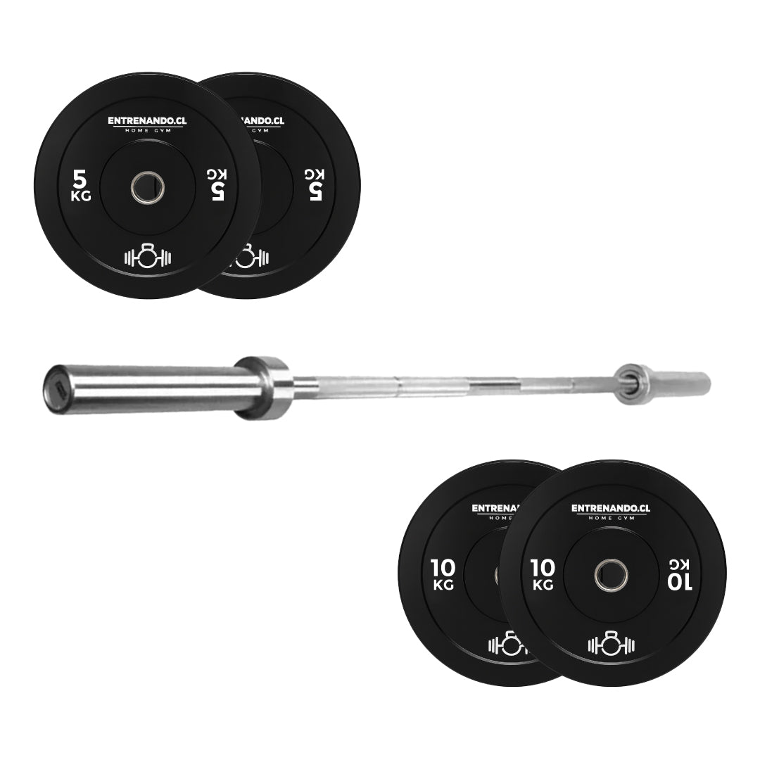 Set 100 kg Discos Bumper + Barra Olímpica