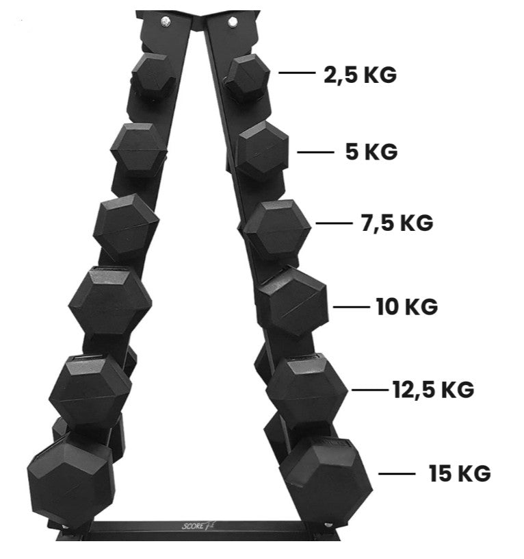 Pack Mancuernas Hexagonales 105kg + Rack Triangular